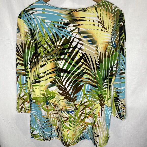 VALENTINA Top Scoop Neck 3/4 Sleeve Rhinestone Tropical Blouse Womens M Green - Picture 2 of 8